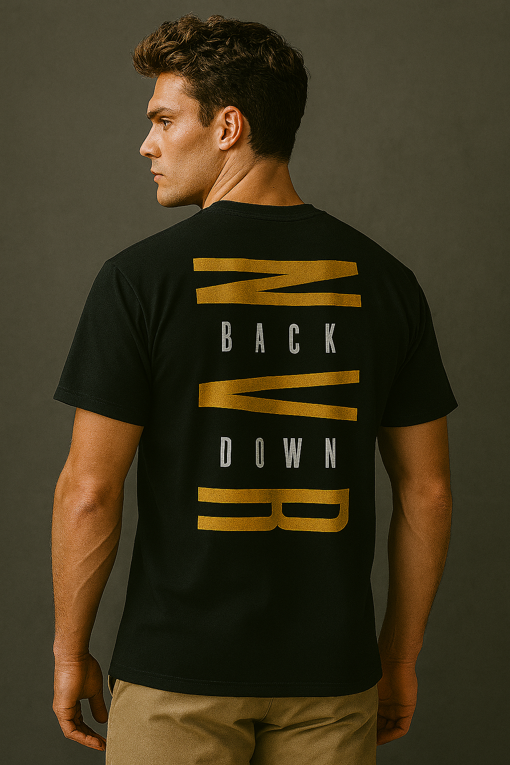 NVR BACK DOWN - Bold Graphic Tee (Black)